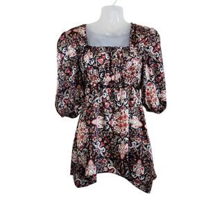 Y2K Apostrophe Balloon Sleeve Floral Retro Boho Blouse Multicolor Size Small